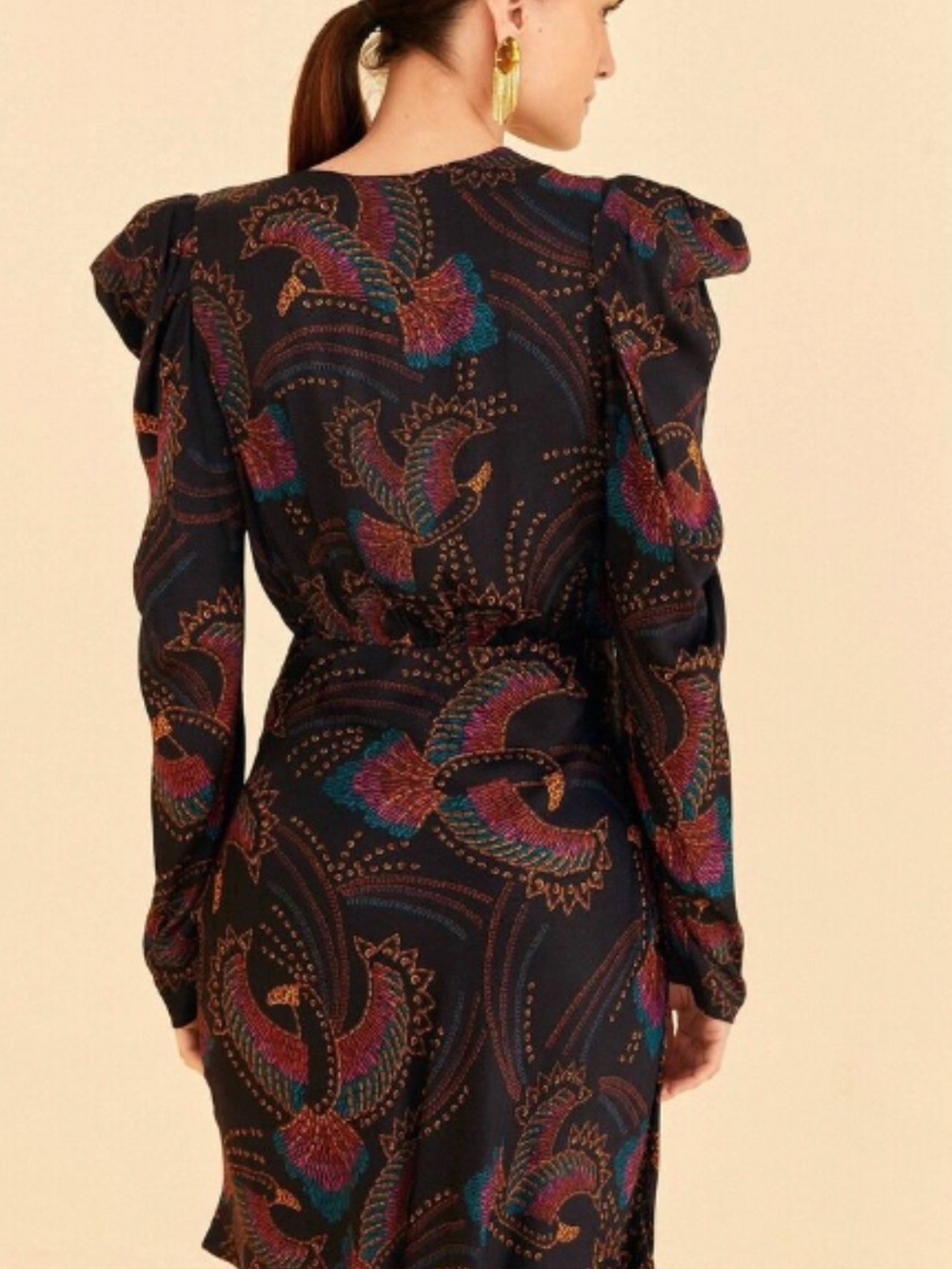Farm Rio Toucan Paisley Wrap Midi Dress Puff Sleeve Black Multicolor XS - Picture 2 of 9